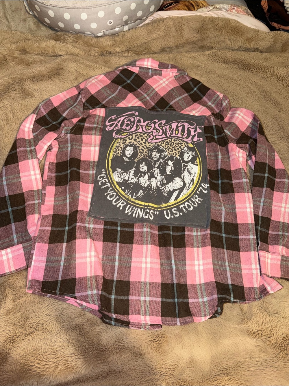 Pink and Brown flannel with Aerosmith on the back